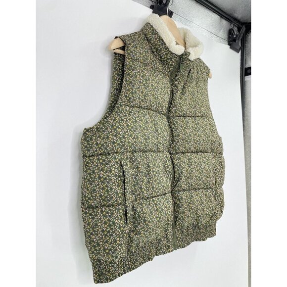 Universal Thread Womens Puffer Vest Sherpa Collar Green Micro Floral Size L - Picture 3 of 10